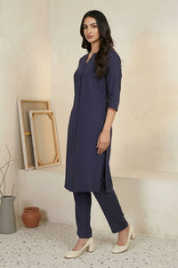 Navy Blue Solid Straight Kurta with Trouser Set