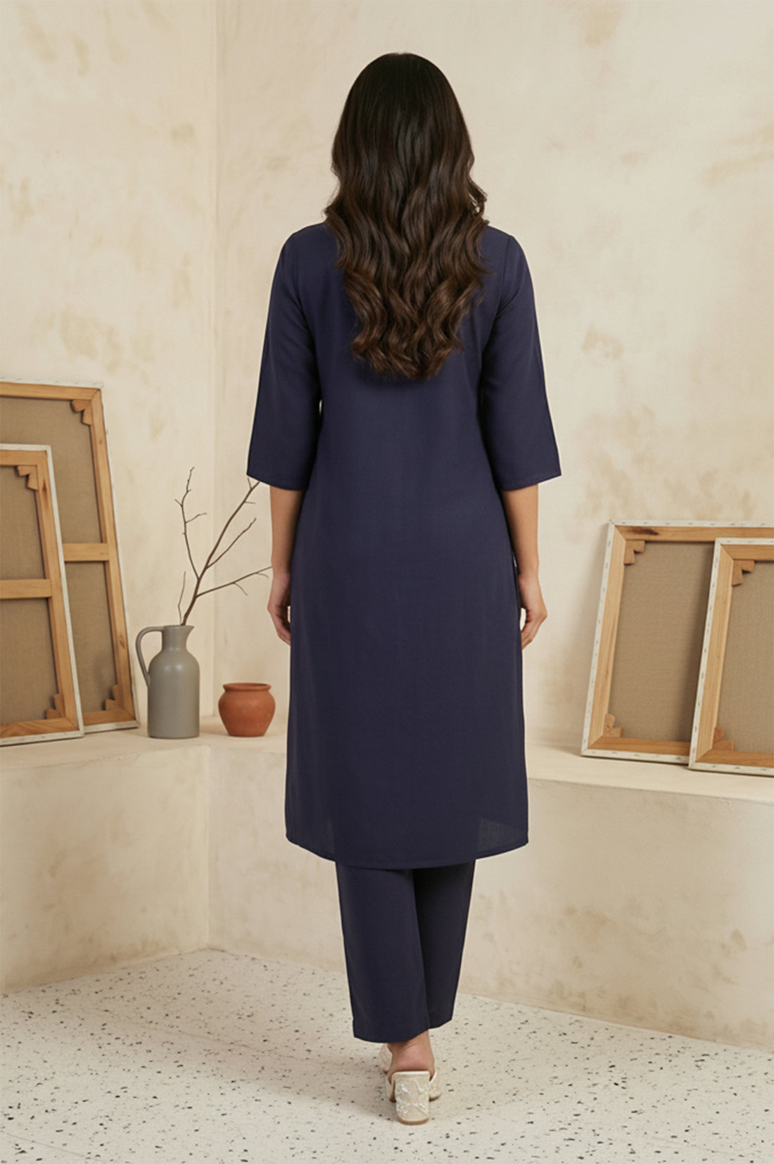 Navy Blue Solid Straight Kurta with Trouser Set