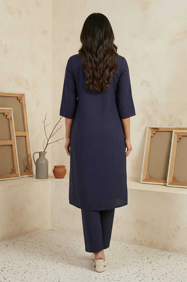 Navy Blue Solid Straight Kurta with Trouser Set