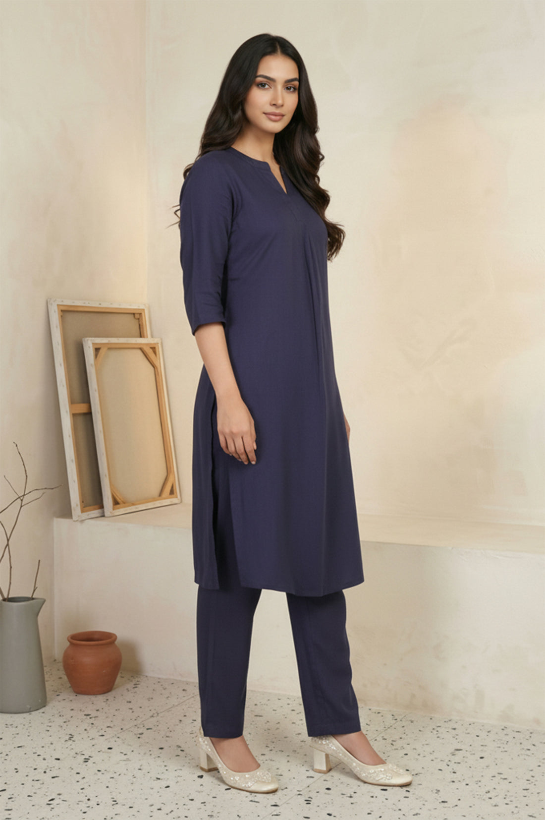 Navy Blue Solid Straight Kurta with Trouser Set