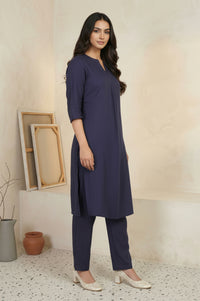 Navy Blue Solid Straight Kurta with Trouser Set