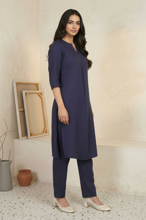 Navy Blue Solid Straight Kurta with Trouser Set