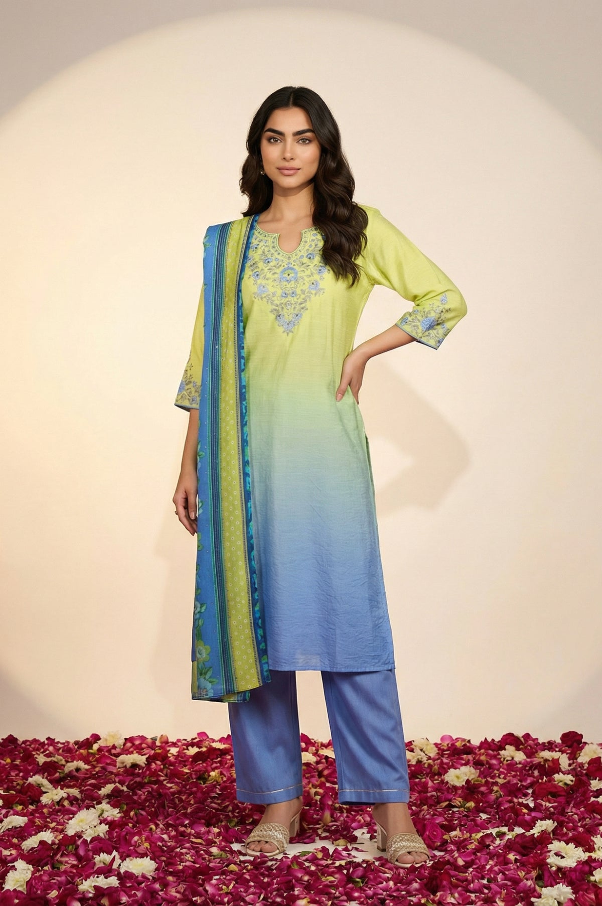 Lime Green Ombre Embroidered Straight Kurta with Palazzo and Dupatta Set - XS