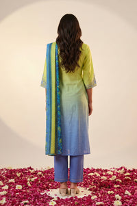 Lime Green Ombre Embroidered Straight Kurta with Palazzo and Dupatta Set