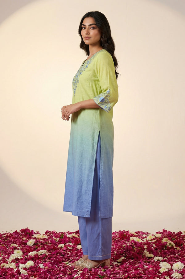 Lime Green Ombre Embroidered Straight Kurta with Palazzo and Dupatta Set