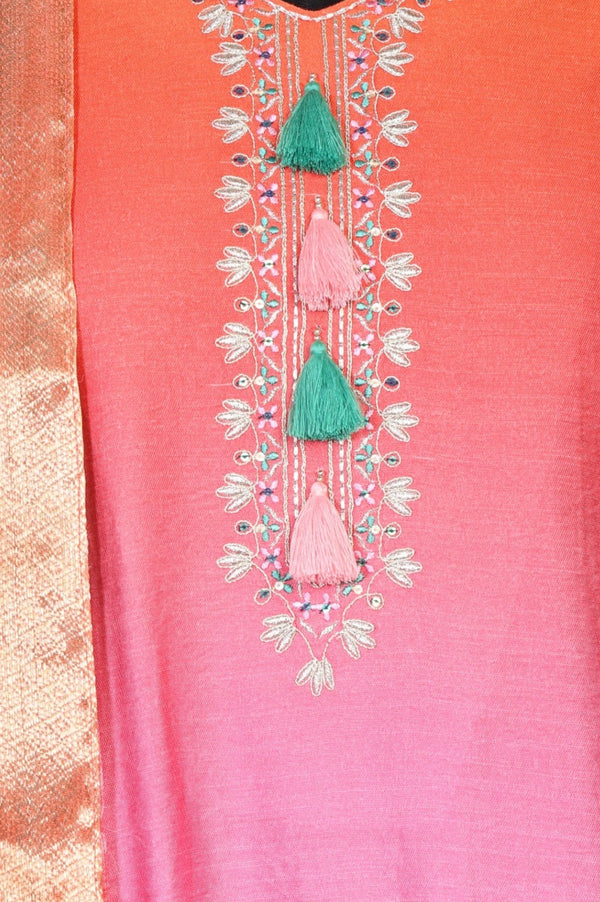 Orange Ombre Embroidered Straight Kurta with Palazzo and Dupatta Set