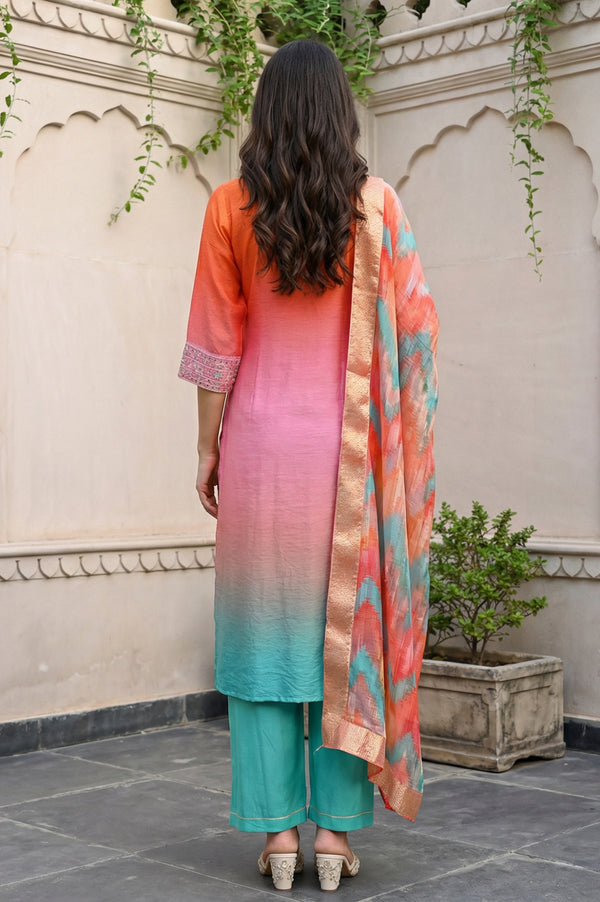 Orange Ombre Embroidered Straight Kurta with Palazzo and Dupatta Set