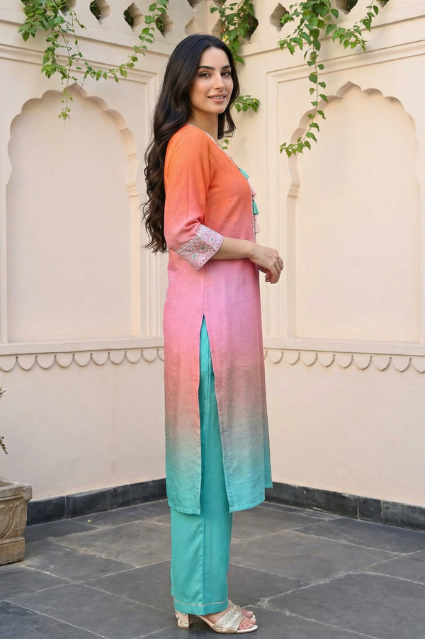 Orange Ombre Embroidered Straight Kurta with Palazzo and Dupatta Set