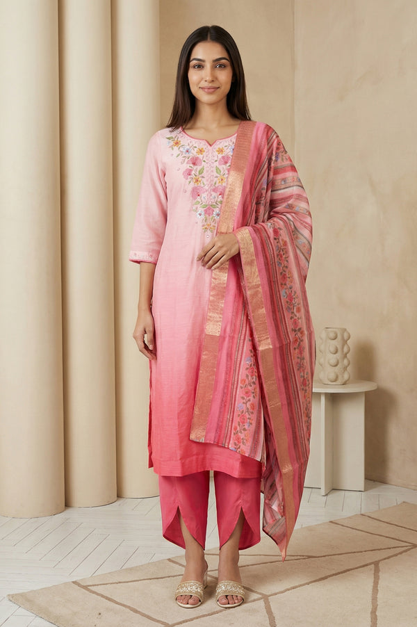 Pink Floral Embroidered A-line Kurta with Salwar and Dupatta Set