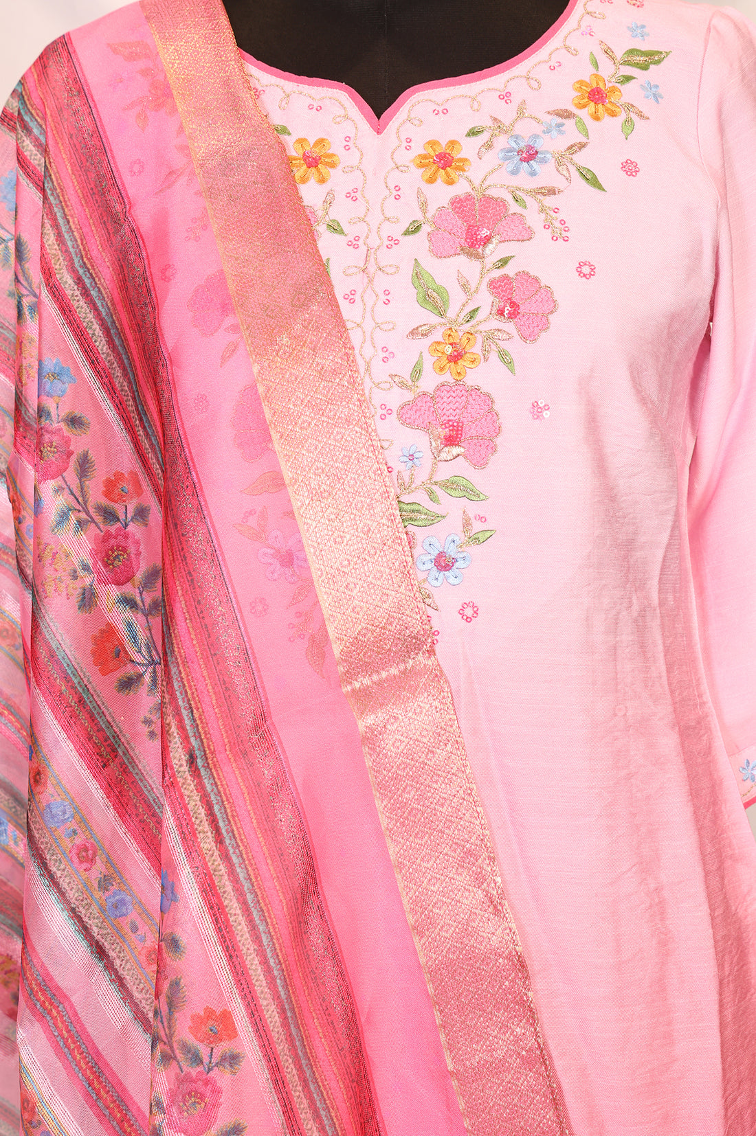 Pink Floral Embroidered A-line Kurta with Salwar and Dupatta Set
