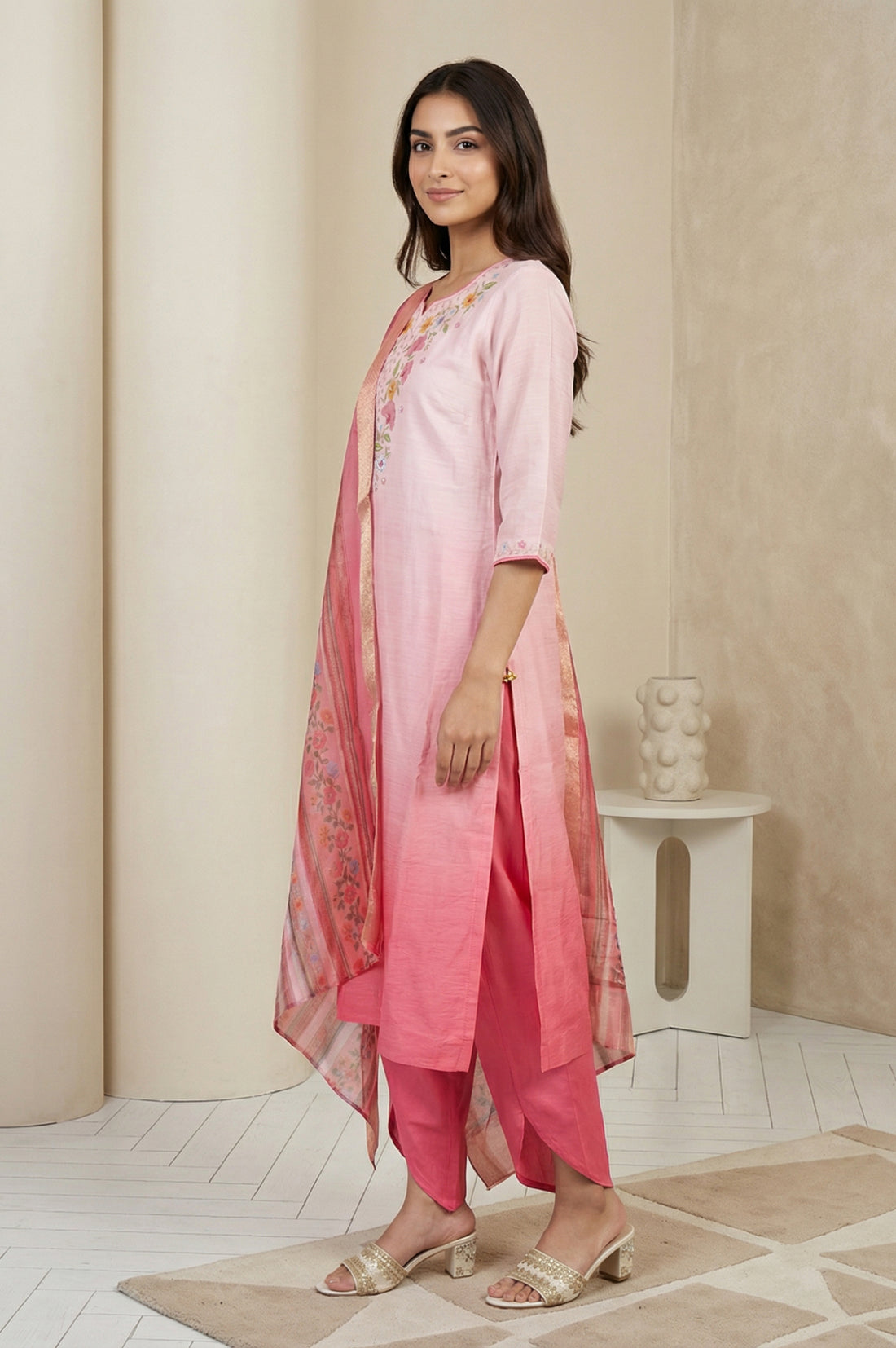 Pink Floral Embroidered A-line Kurta with Salwar and Dupatta Set