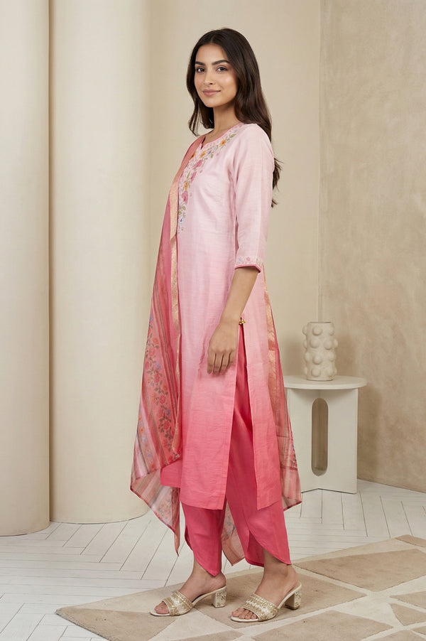 Pink Floral Embroidered A-line Kurta with Salwar and Dupatta Set