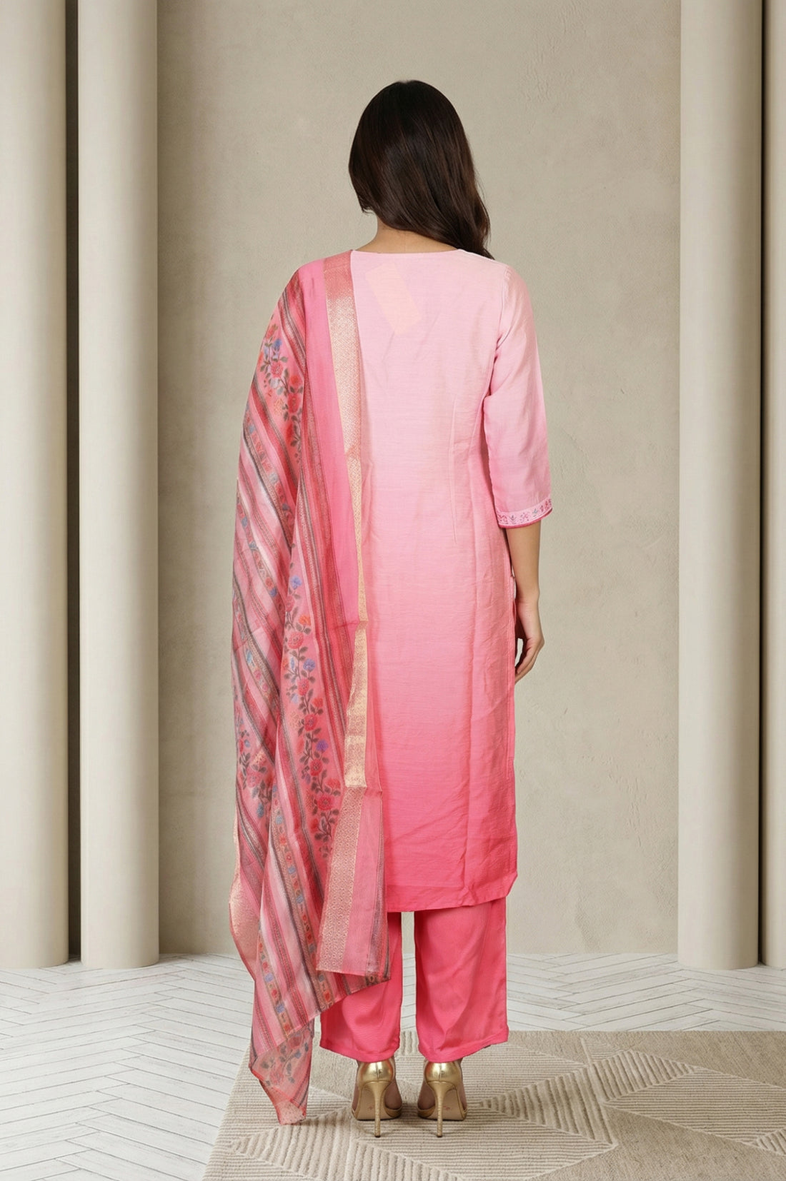 Pink Floral Embroidered A-line Kurta with Salwar and Dupatta Set