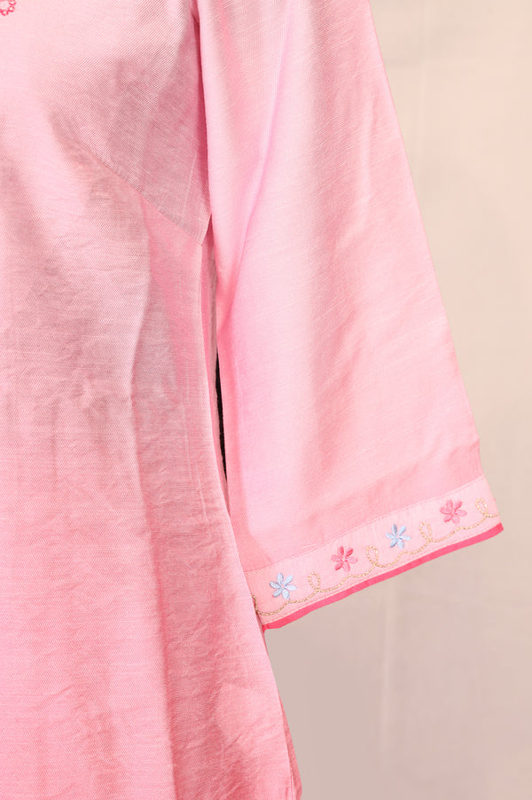 Pink Floral Embroidered A-line Kurta with Salwar and Dupatta Set