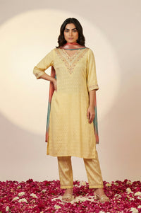 Yellow Textured Shantung Embroidered Straight Kurta with Trouser and Dupatta Set