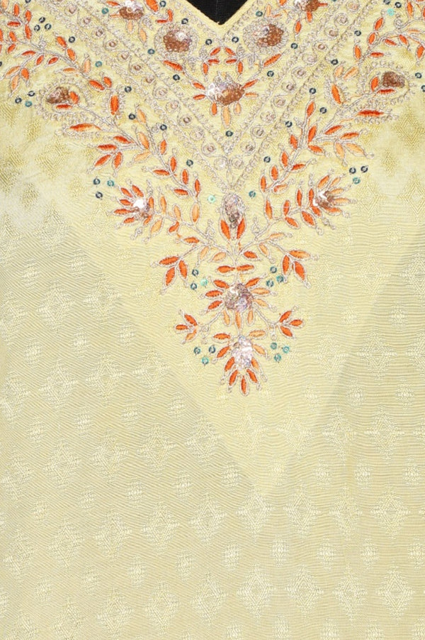 Yellow Textured Shantung Embroidered Straight Kurta with Trouser and Dupatta Set