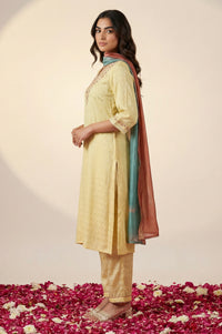 Yellow Textured Shantung Embroidered Straight Kurta with Trouser and Dupatta Set