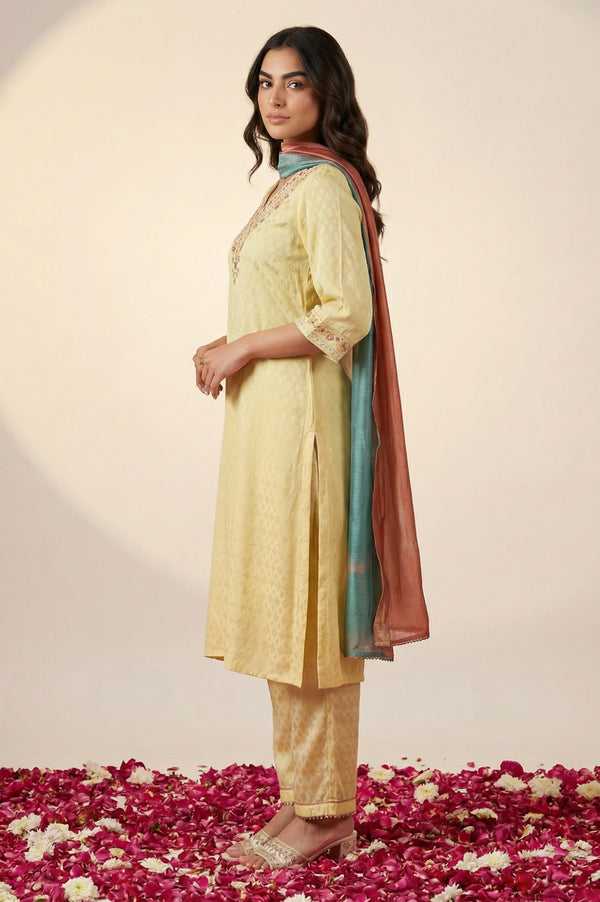 Yellow Textured Shantung Embroidered Straight Kurta with Trouser and Dupatta Set