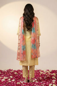Yellow Textured Shantung Embroidered Straight Kurta with Trouser and Dupatta Set