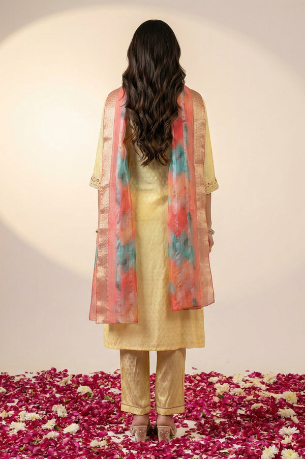 Yellow Textured Shantung Embroidered Straight Kurta with Trouser and Dupatta Set