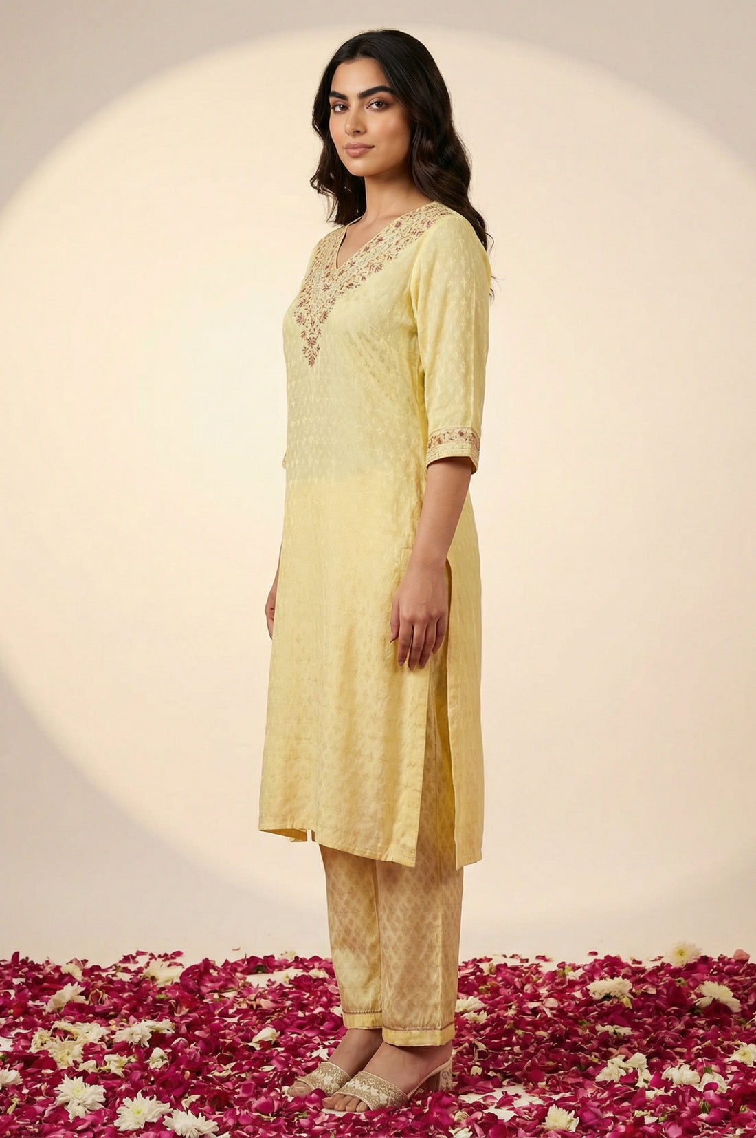 Yellow Textured Shantung Embroidered Straight Kurta with Trouser and Dupatta Set