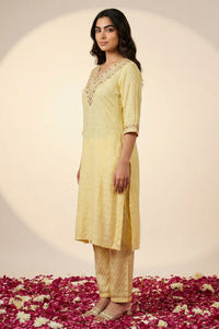 Yellow Textured Shantung Embroidered Straight Kurta with Trouser and Dupatta Set