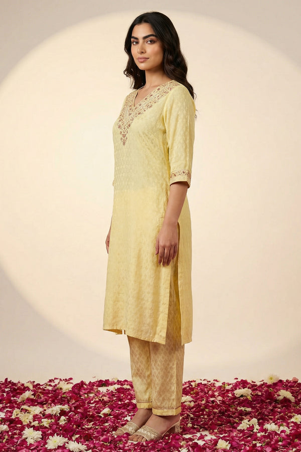Yellow Textured Shantung Embroidered Straight Kurta with Trouser and Dupatta Set