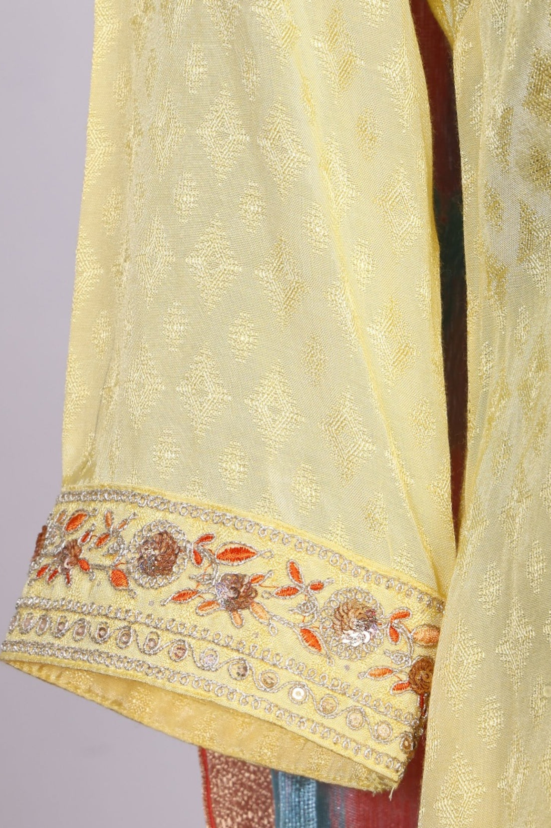 Yellow Textured Shantung Embroidered Straight Kurta with Trouser and Dupatta Set