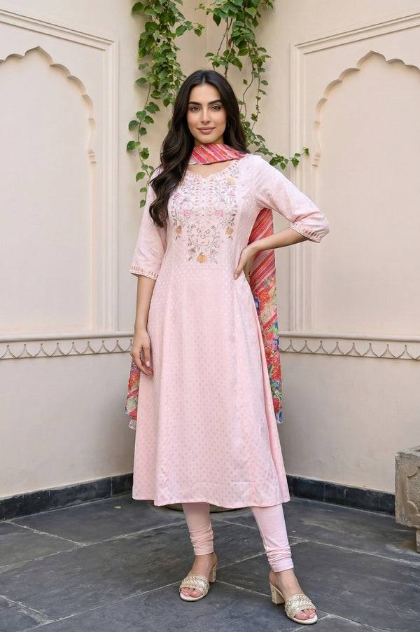 Pink Embroidered Buti Shantung Anarkali Kurta with Tights and Dupatta Set
