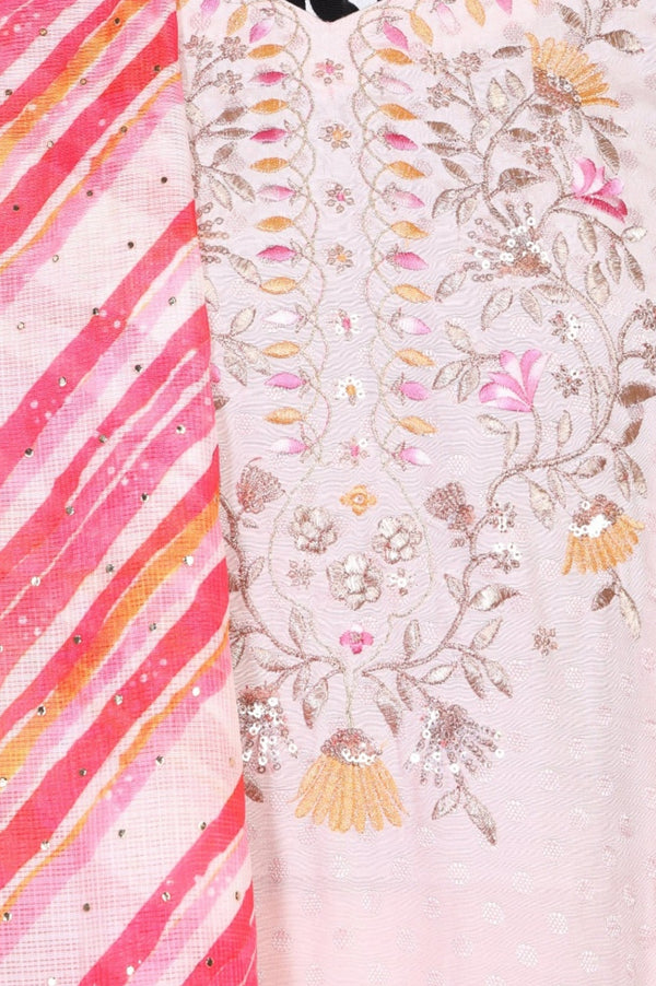 Pink Embroidered Buti Shantung Anarkali Kurta with Tights and Dupatta Set