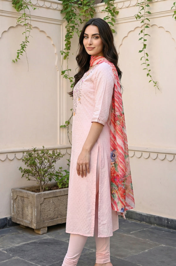 Pink Embroidered Buti Shantung Anarkali Kurta with Tights and Dupatta Set