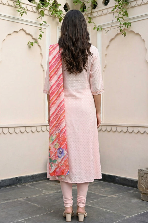 Pink Embroidered Buti Shantung Anarkali Kurta with Tights and Dupatta Set