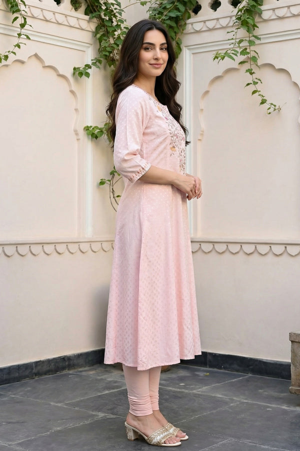 Pink Embroidered Buti Shantung Anarkali Kurta with Tights and Dupatta Set