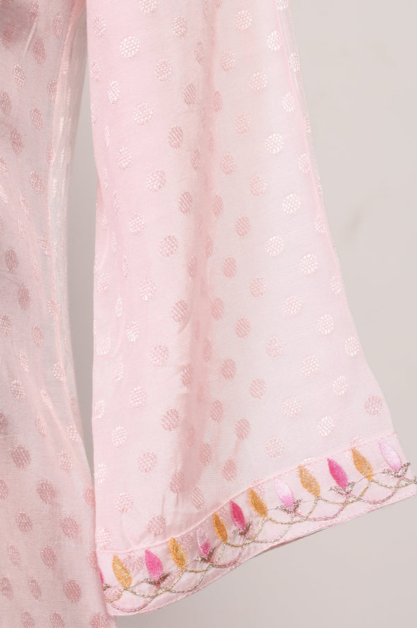 Pink Embroidered Buti Shantung Anarkali Kurta with Tights and Dupatta Set