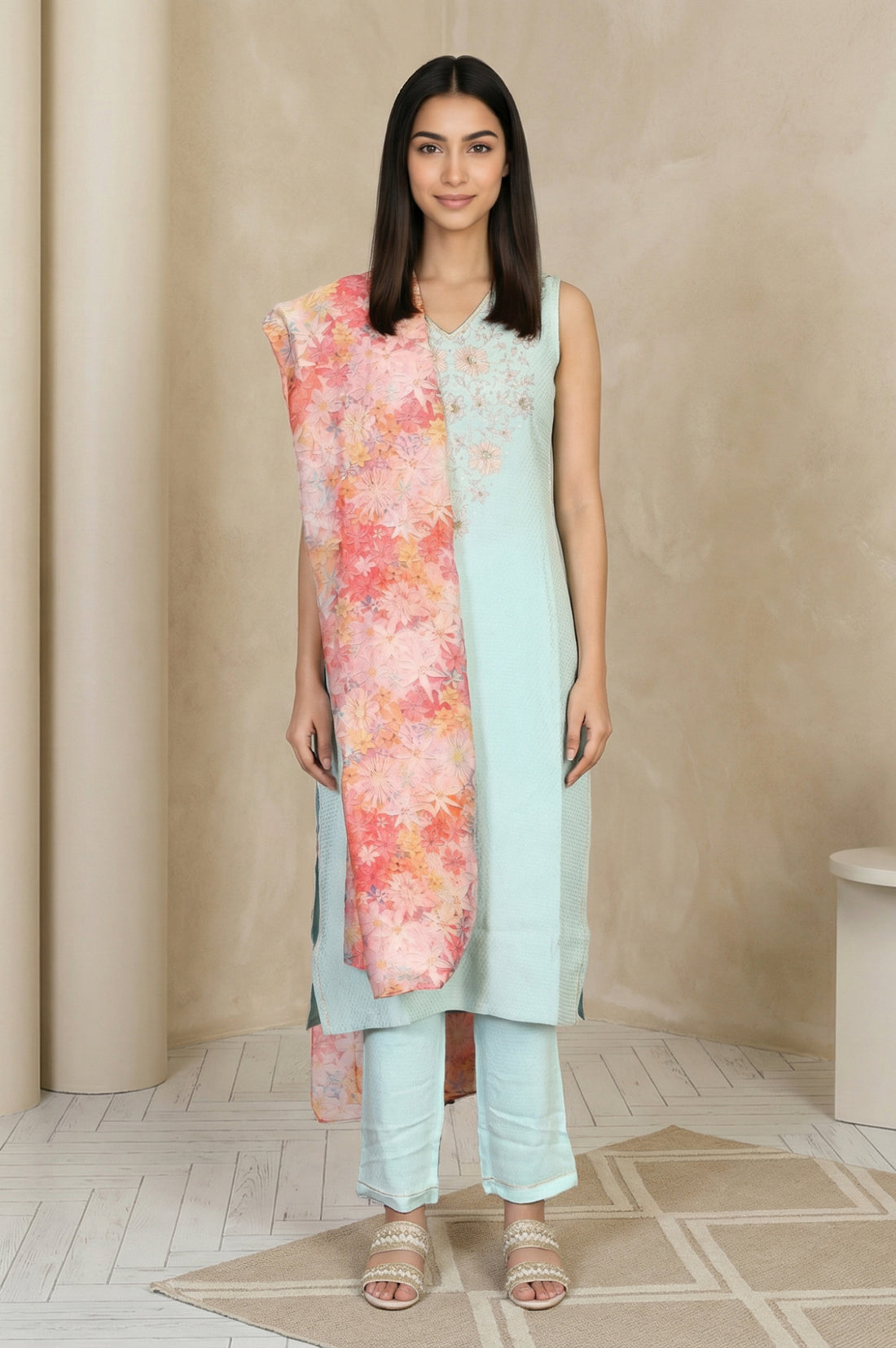Light Blue Embroidered Straight Kurta with Trouser and Dupatta Set