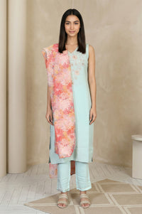 Light Blue Embroidered Straight Kurta with Trouser and Dupatta Set