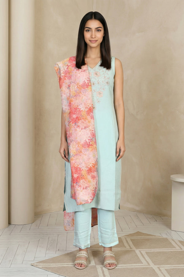 Light Blue Embroidered Straight Kurta with Trouser and Dupatta Set