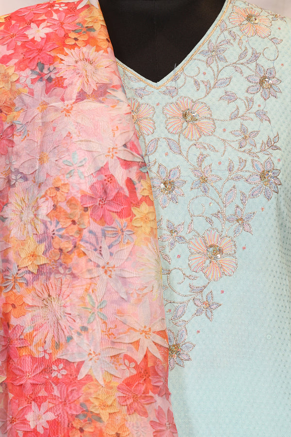 Light Blue Embroidered Straight Kurta with Trouser and Dupatta Set