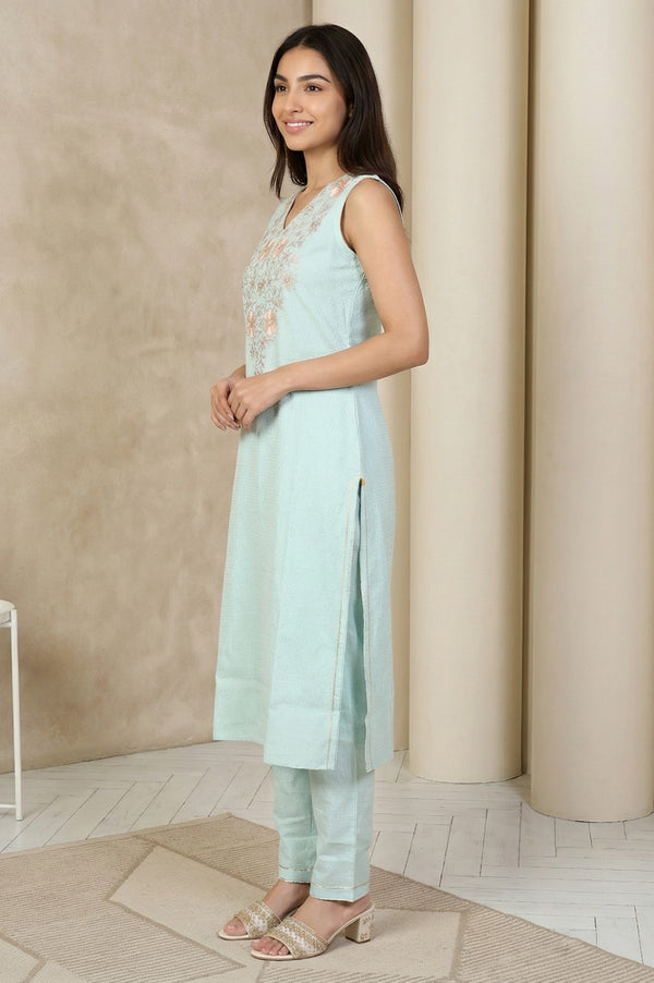 Light Blue Embroidered Straight Kurta with Trouser and Dupatta Set