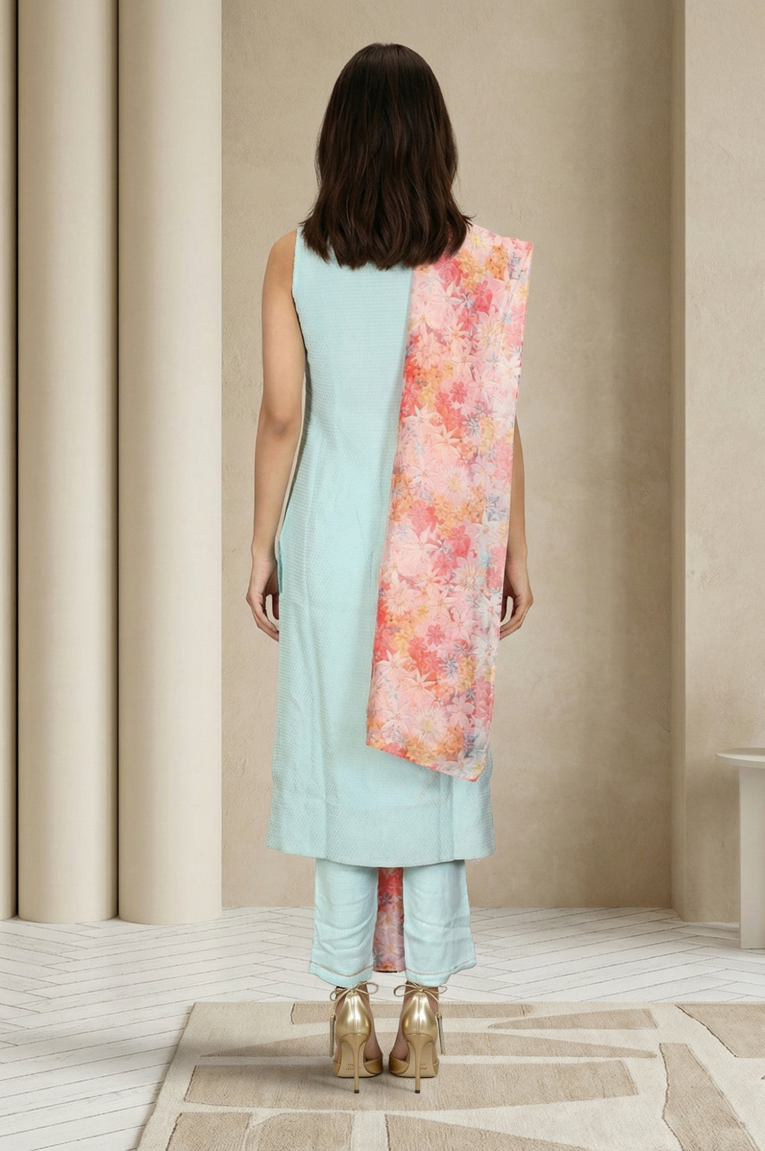 Light Blue Embroidered Straight Kurta with Trouser and Dupatta Set