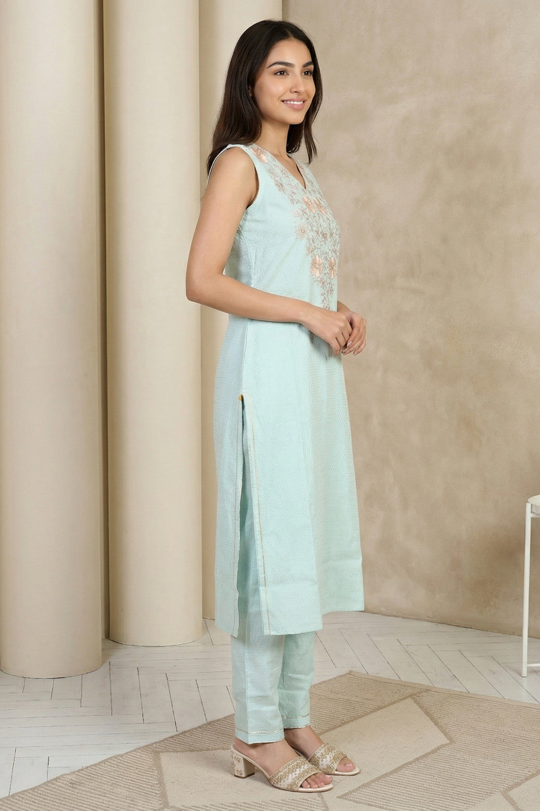 Light Blue Embroidered Straight Kurta with Trouser and Dupatta Set