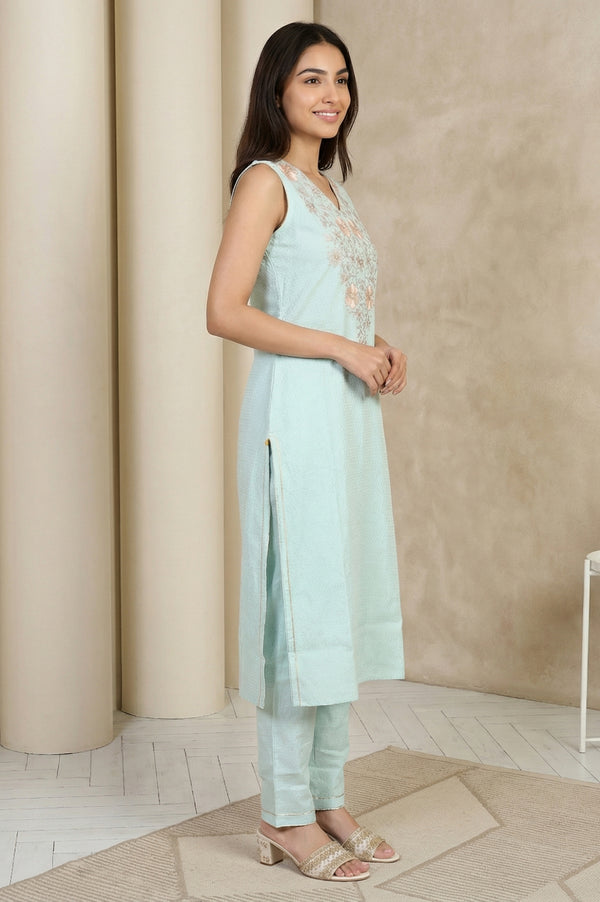 Light Blue Embroidered Straight Kurta with Trouser and Dupatta Set