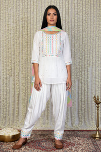 White Geometric Printed Straight Kurta with Patiala and Dupatta Set