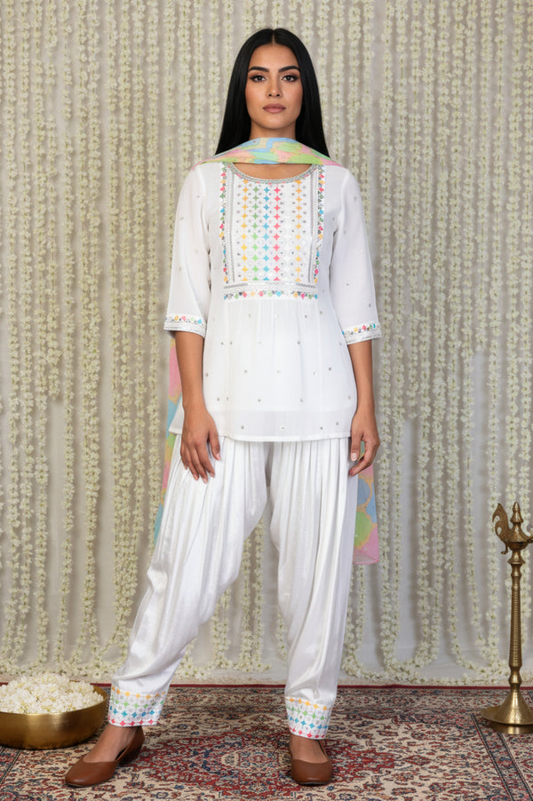 White Geometric Printed Straight Kurta with Patiala and Dupatta Set