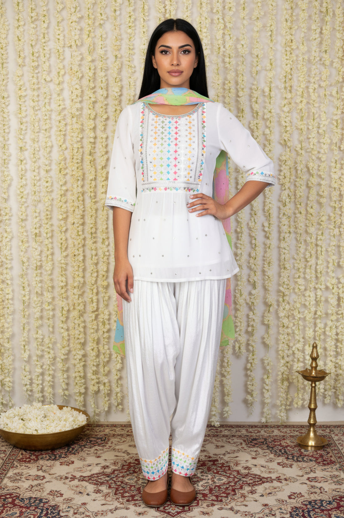 White Geometric Printed Straight Kurta with Patiala and Dupatta Set