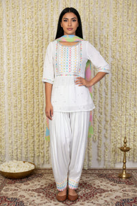 White Geometric Printed Straight Kurta with Patiala and Dupatta Set