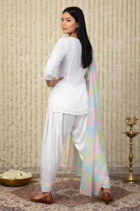 White Geometric Printed Straight Kurta with Patiala and Dupatta Set