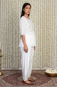 White Geometric Printed Straight Kurta with Patiala and Dupatta Set