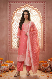 Pink Ethnic Motifs Straight Kurta with Palazzo and Dupatta Set