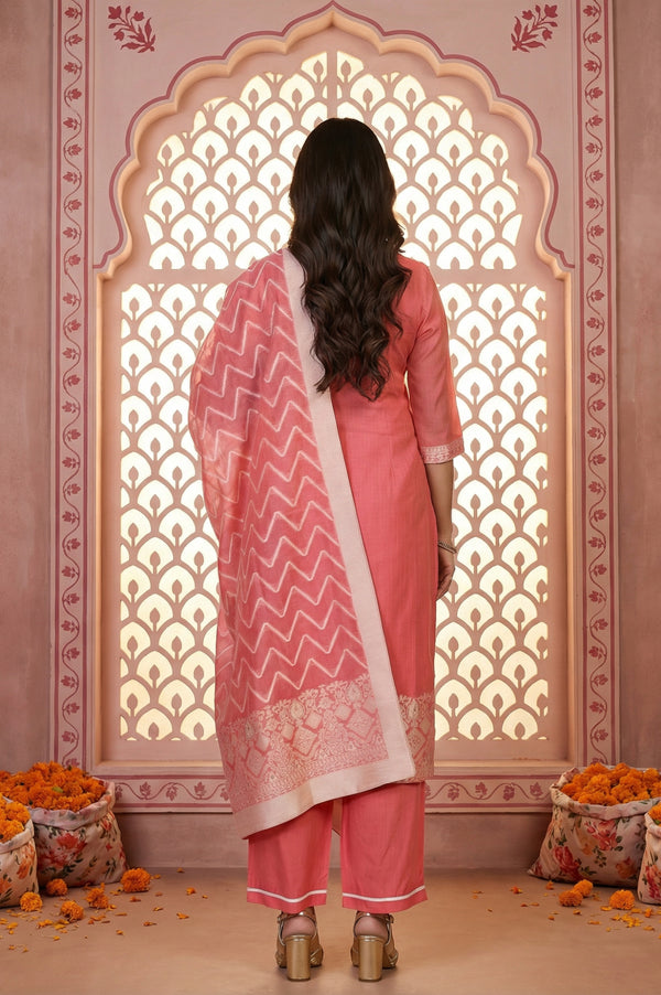 Pink Ethnic Motifs Straight Kurta with Palazzo and Dupatta Set
